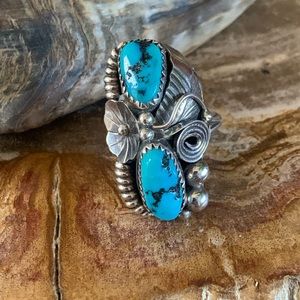 SOLD Vintage Native Navajo Turquoise Sterling Silver Handmade Ring Flower Coil